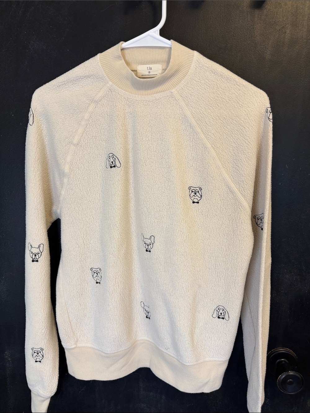Anthropologie T.La Cream Dog Breed Embroidered Mock Neck Cozy Sweatshirt S